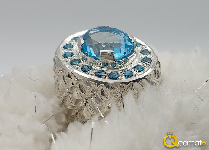 Blue Topaz Pure Silver Ring Small Burfi Style For Men