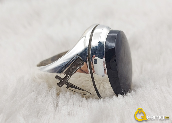 Meat Cutting Tools Engraved Silver Ring With Natural Gemstone