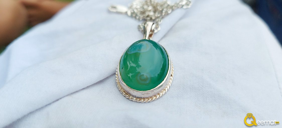 Silver Locket With Chain For Men With Green Aqeeq