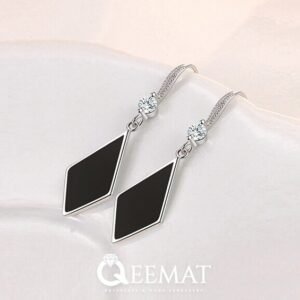 Natural Black Agate Drop Earrings Rhombus Shape Made in Silver