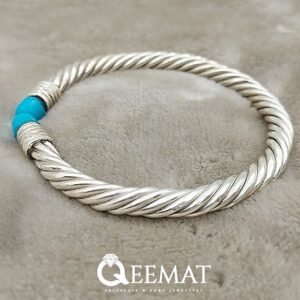Turquoise Stone Men's Bracelet of Pure 925 Sterling Silver - Feroza Kada
