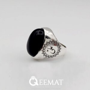 Black Yemeni Agate Cabochon Silver Ring with Religious Names or Signs