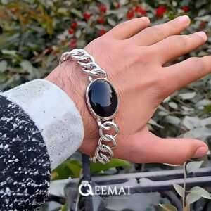Black Agate Bracelet for Men - Natural Gemstone with Sterling Silver