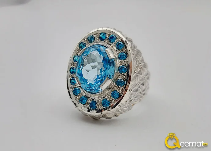 Blue Topaz Pure Silver Ring Small Burfi Style For Men