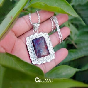 Handmade Natural Rectangle Cut Fire Agate Silver Necklace for Women