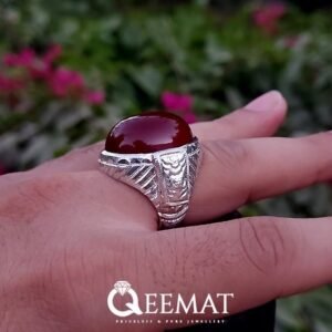 Dark Red Agate Ring for Men - Cabochon Stone Ring in Silver