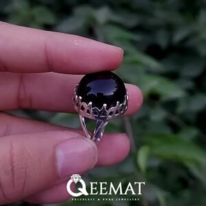 Handmade Art Deco Black Agate Ring with Round Cabochon Stone