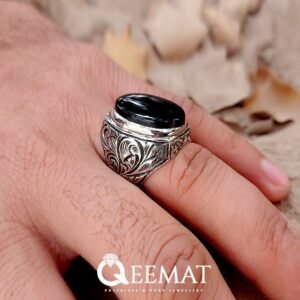Oval Black Agate Birthstone Men's Ring - Antique Agate Silver Ring