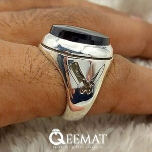 Personalized Silver Ring for Him with Real Black Agate Stone