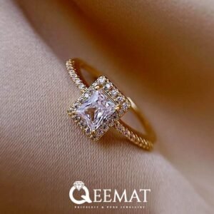 Emerald Cut Moissanite-Diamond Silver Ring with Encircled Cubic Stones